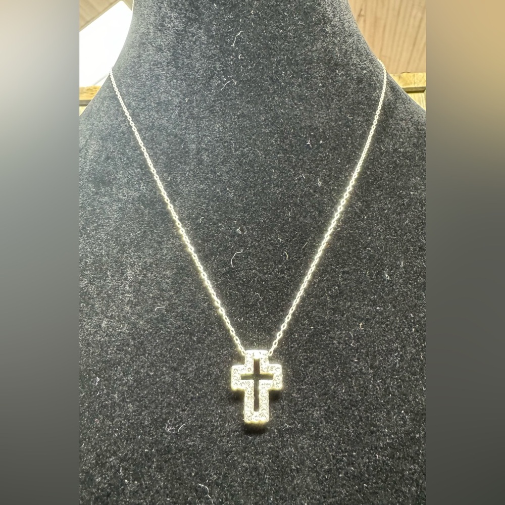 Sterling Silver 925 Rhinestone Box Cross Necklace approx. 16” long